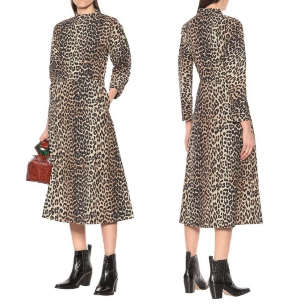 GANNI Leopard Print‎ Cotton Poplin Dress